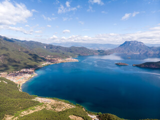 Obraz premium Aerial photo of Lugu Lake in Yunnan Province, China