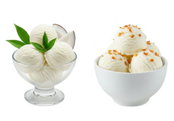 Two bowls of creamy coconut ice cream with toppings and garnish, isolated on transparent background