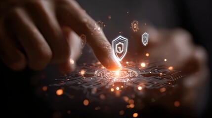 A close-up of a hand engaging with a digital security interface, showcasing advanced technology and data protection concepts.