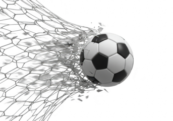 Soccer ball breaking through a net, symbolizing a goal or victory, isolated on transparent background