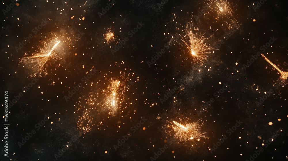 Poster glowing sparks burst against a dark background creating a fiery display