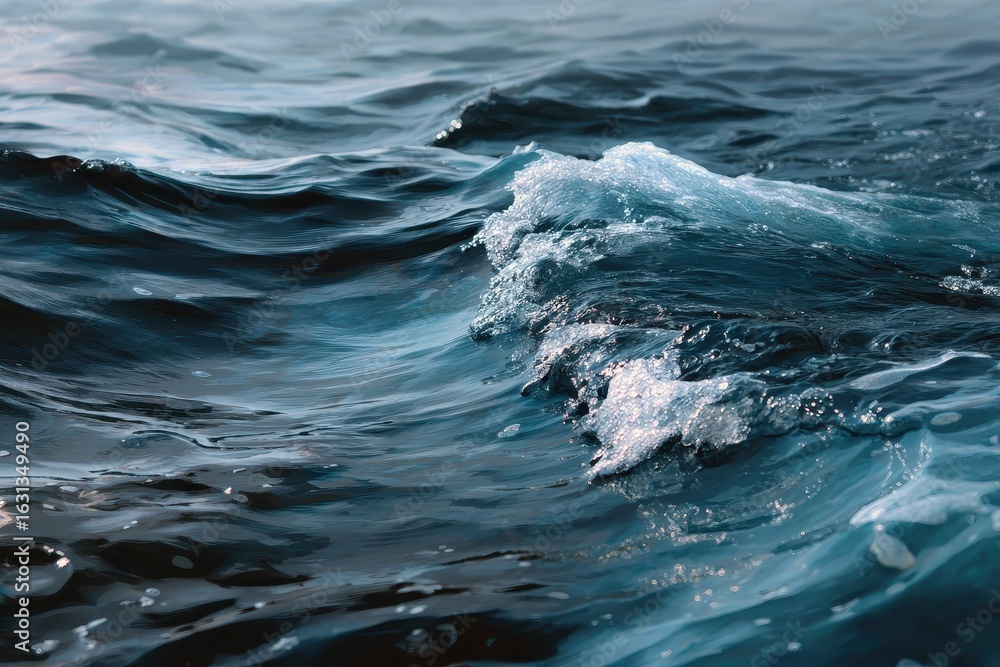 Poster exploration of abstract blue ocean waves with textured paint effects showcasing dynamic movement and