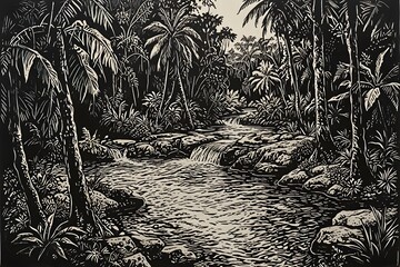 A bird's-eye perspective captures geothermal springs nestled within a lush tropical rainforest in woodcut illustration style