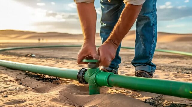 Close-up of a worker's hands turning a green valve on an irrigation pipe laid across a sandy desert landscape