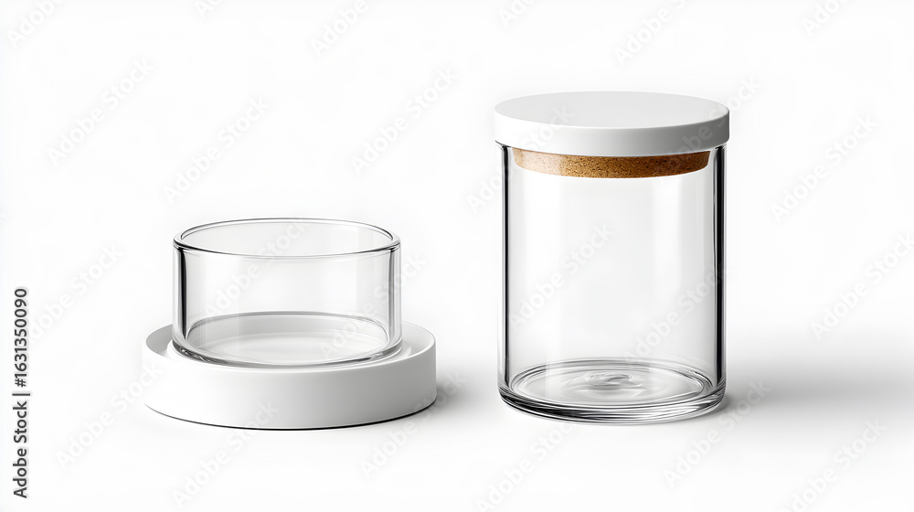 Aufkleber elegant and minimalistic still life composition featuring two transparent glass containers on a surf