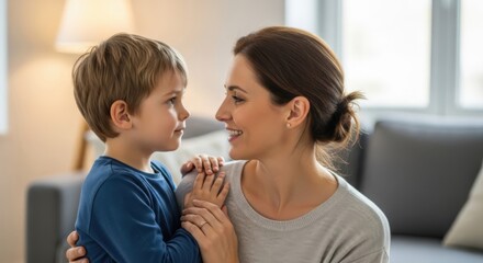 Mother and Son Connection: A heartwarming moment of connection between a mother and son, their faces illuminated by a shared look of tenderness and love.