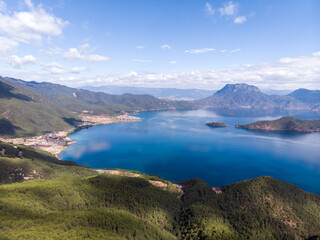 Fototapeta premium Aerial photo of Lugu Lake in Yunnan Province, China