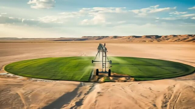 A center-pivot irrigation system creates a lush green circle of crops in an otherwise barren desert landscape