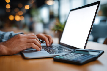 Business person working online or learning using laptop mock up blank white empty screen, hands typing on computer background close up view. Mockup display for ads. Close up view.