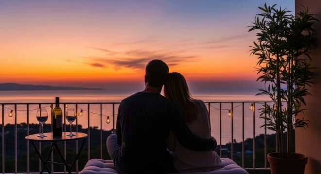 Sunset Balcony Embrace: A couple embraces as they sit on a balcony enjoying a romantic evening at sunset, with glasses of wine nearby, and capturing the essence of love and relaxation.