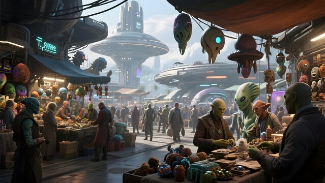 A bustling alien marketplace with diverse species trading goods under futuristic structures. - Powered by Adobe