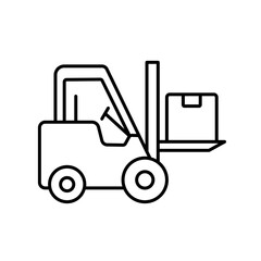 A vector icon of a forklift transporting a package, representing warehouse logistics and cargo handling, created in line style with editable stroke