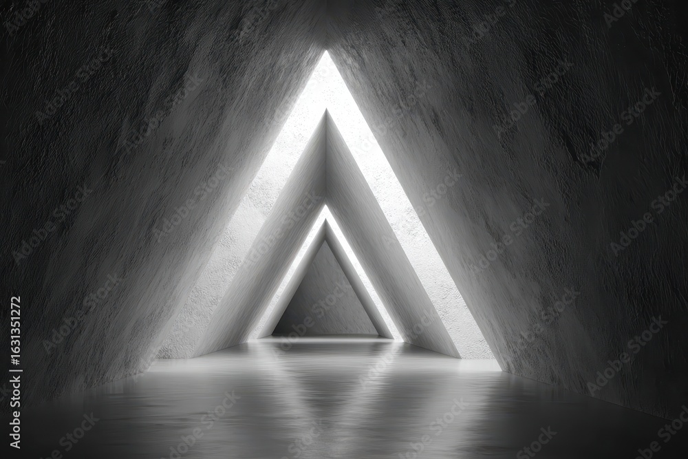 Poster abstract white tunnel featuring pyramid textured walls with light reflections creating a futuristic 
