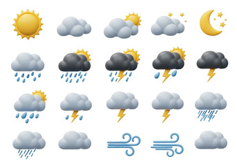 Obraz premium Collection of weather forecast icons including sun, clouds, rain, lightning, wind, and moon isolated on transparent background