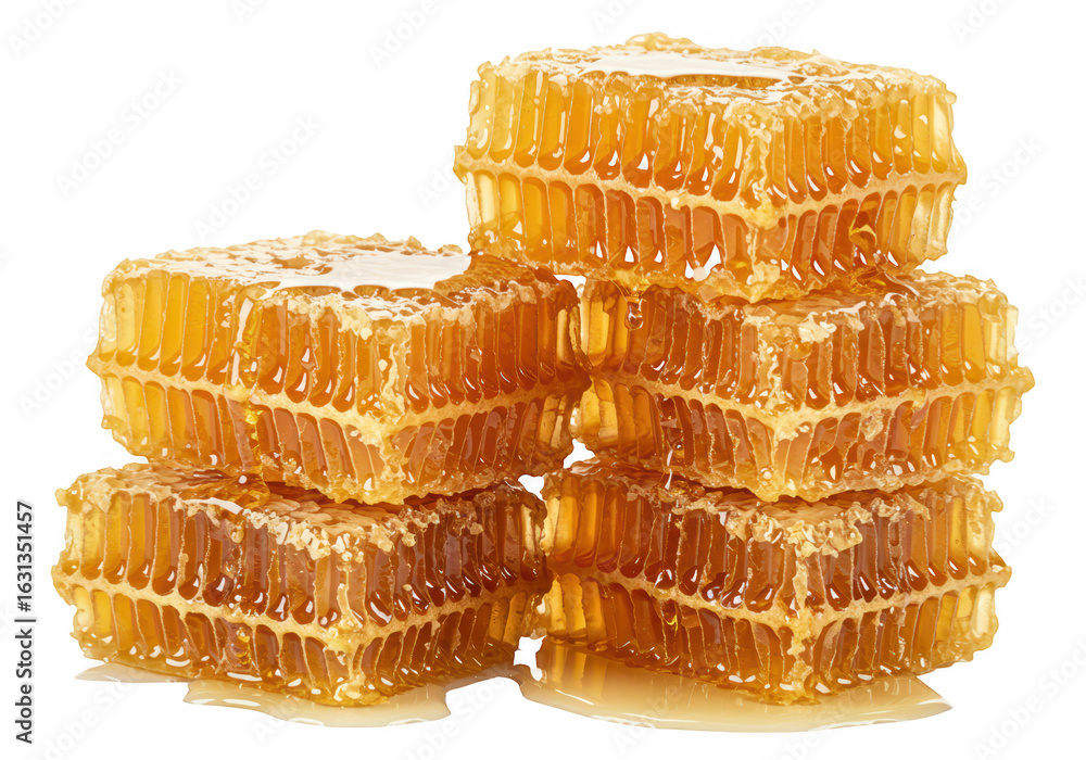 Poster stack of fresh honeycomb with golden honey isolated on transparent background