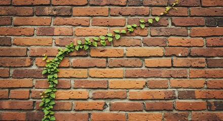 A resilient green vine with small leaves climbing diagonally across a rustic red brick wall, a symbol of growth and nature's persistence.