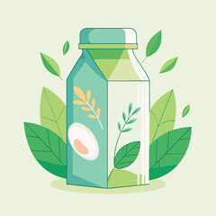 Healthy green beverage bottle surrounded by fresh leaves illustration