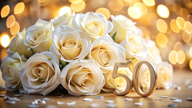 Golden 50th Anniversary: Elegant Cream Roses and Festive Lights