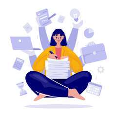 Busy woman multitasking approving documents vector illustration