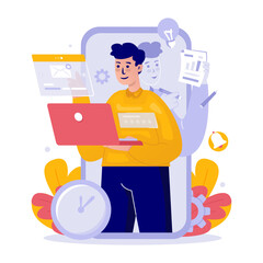 A man working with laptop means remote worker productivity vector illustration