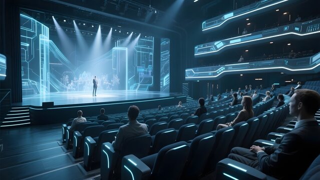 Audience watching a presentation on a futuristic stage with advanced lighting and digital displays.