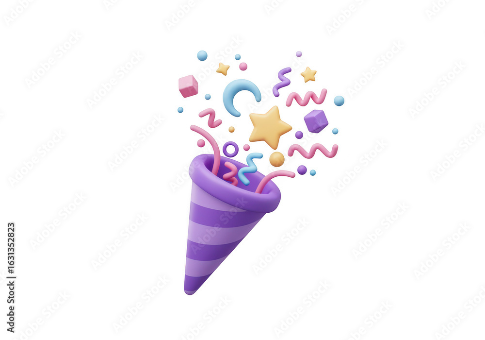 Poster 3d illustration of a party popper exploding with colorful confetti and streamers, isolated on transp
