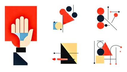 Colorful abstract geometric shapes and hand illustrations in a modern flat design style