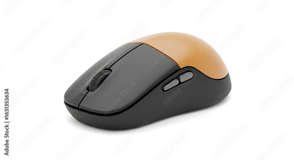 Poster a computer mouse with a scroll wheel and two side buttons on a white background in a studio shot