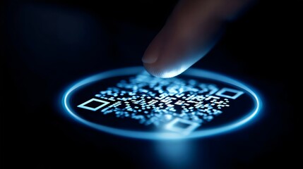 Close-up of a male finger tapping a glowing QR code, symbolizing digital innovation and technology.