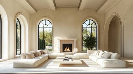 Luxurious living room with fireplace arched windows and beige sectional sofa sunlight streaming through