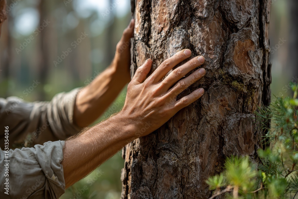 Poster man's hand gently touching the textured trunk of a pine tree in a serene forest setting on a clear d