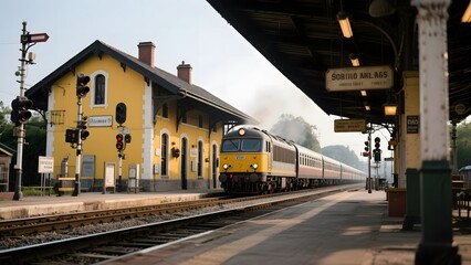 Train arriving at a quaint yellow station building under a covered platform
