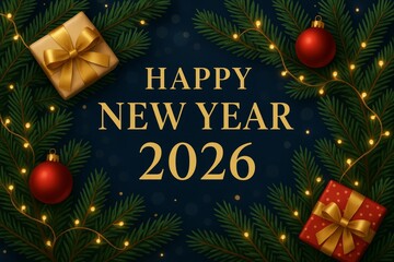 Celebrate the arrival of the New Year 2026 with gifts and festive decorations in a joyful setting
