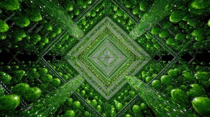 Green diamond-shaped pattern with water droplets for graphic design, interior art, or digital interfaces. Striking geometric motif ideal for logos, banners, or nature-inspired aesthetics with modern t