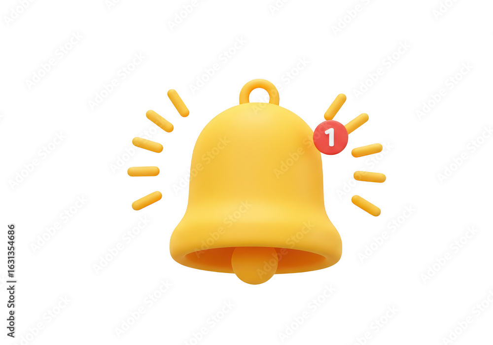 Poster yellow notification bell icon with a red badge showing the number one, isolated on transparent backg