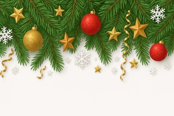 Festive holiday decorations featuring greenery, ornaments, and stars arranged for celebration