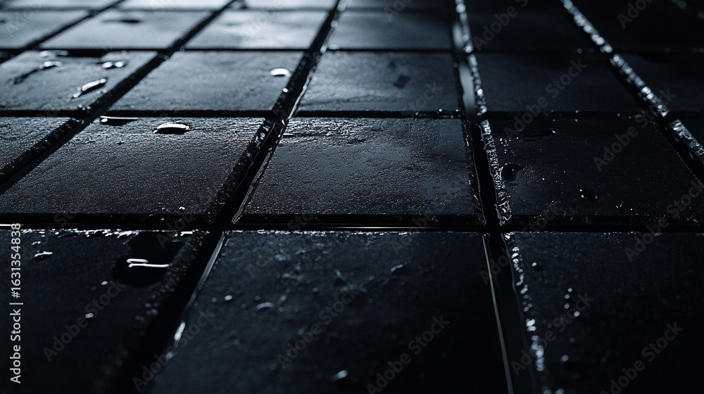 Poster dark wet tiles reflecting light a grid pattern of dark squares with water droplets