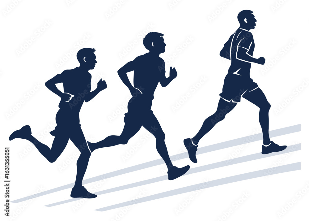 Poster silhouette of three runners ascending stairs in a sequence showing progress and determination in spo