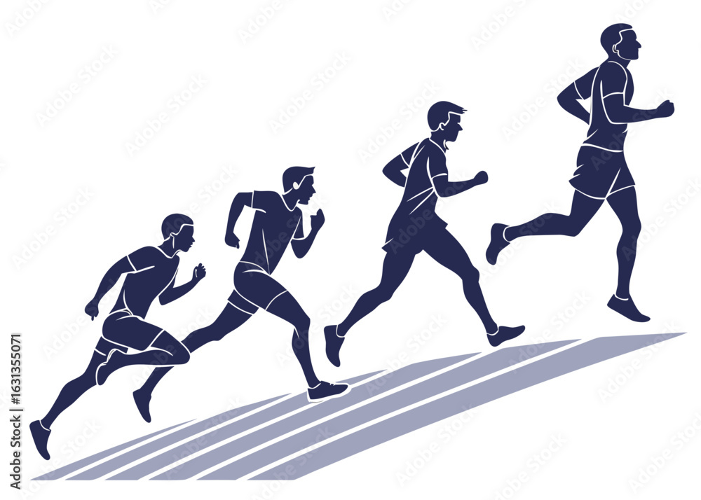 Poster silhouette illustration of four runners in motion on a track with striped lines ascending diagonally