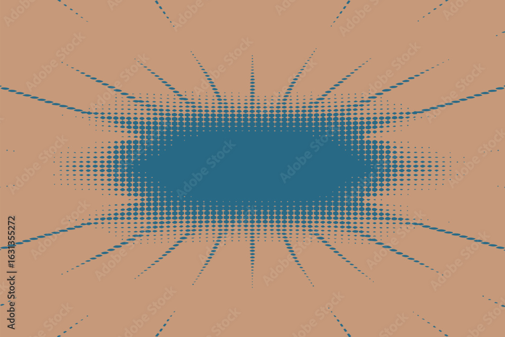 Poster abstract halftone pattern featuring a blue center surrounded by radiating dotted lines on a beige ba