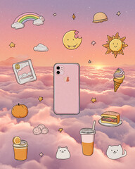 Kawaii pastel social media template with cute doodle icons and soft gradient backgrounds, playful minimal layout