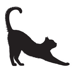 A sleek black cat silhouette stretching its body in a graceful pose, isolated on white background