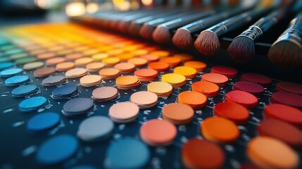 Naklejka premium Makeup palette with colorful eyeshadows and brushes arranged in a row.
