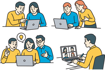 A Set of Cartoon Illustrations Depicting Business Teamwork, Collaboration, and Video Conferencing