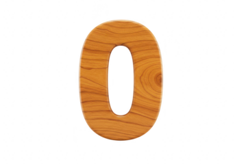 A wooden number zero with a natural wood grain texture, isolated on a transparent background