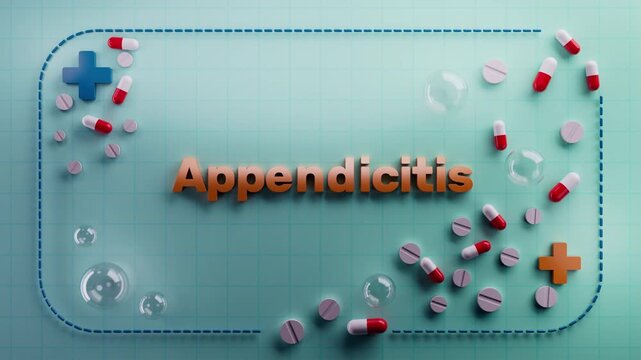 &ldquo;Appendicitis&rdquo; text glows on a clinical digital background with animated inner organ visuals showing inflammation in the lower right abdomen.	