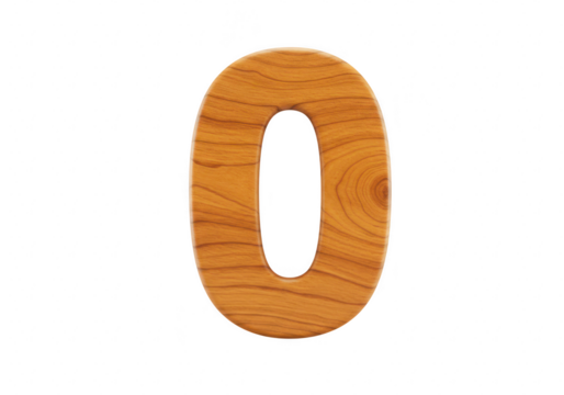 A wooden number zero with a natural wood grain texture, isolated on a transparent background