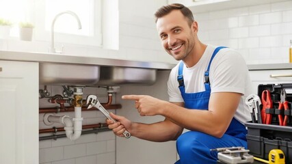 Happy plumber fixing kitchen sink drain pipes.  Plumber uses wrench to repair leaky pipes under sink.  Professional plumbing repair service for kitchen plumbing.