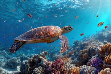 Obraz premium Male sea turtles engaging in a chase through vibrant coral reefs in a clear ocean during sunny daytime