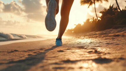 Close-up shot runner's legs in motion on sandy beach at sunset. sense health, activity are conveyed by runner's pace against golden, ocean beach. - Powered by Adobe